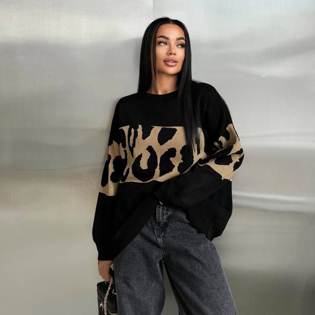 Women's Contrast Color Fashionable Loose Round Neck Idle Style Early Sweaters