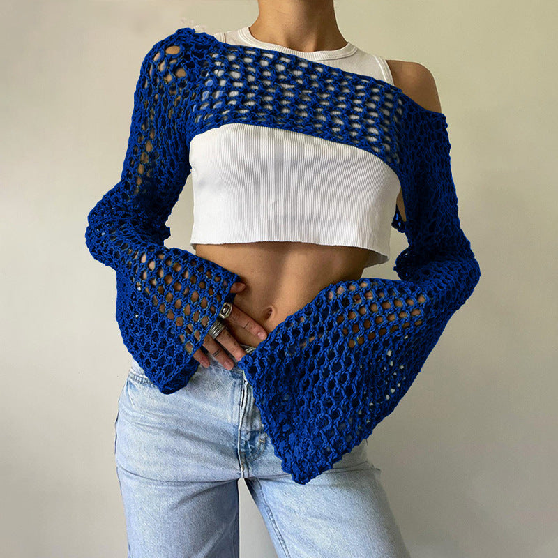 Women's Crochet Casual Bell Sleeve Sexy Mesh Women's Sweater