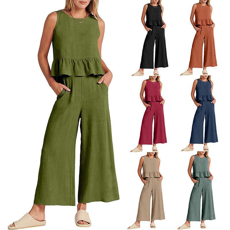 Women's Summer Sleeveless Pleated Wide Leg Cropped Pants