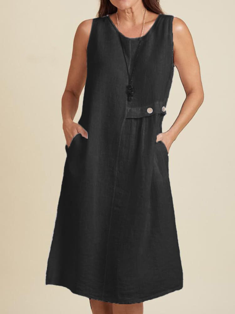Women's Summer Button Pocket Sleeveless Round Neck Cotton Dress