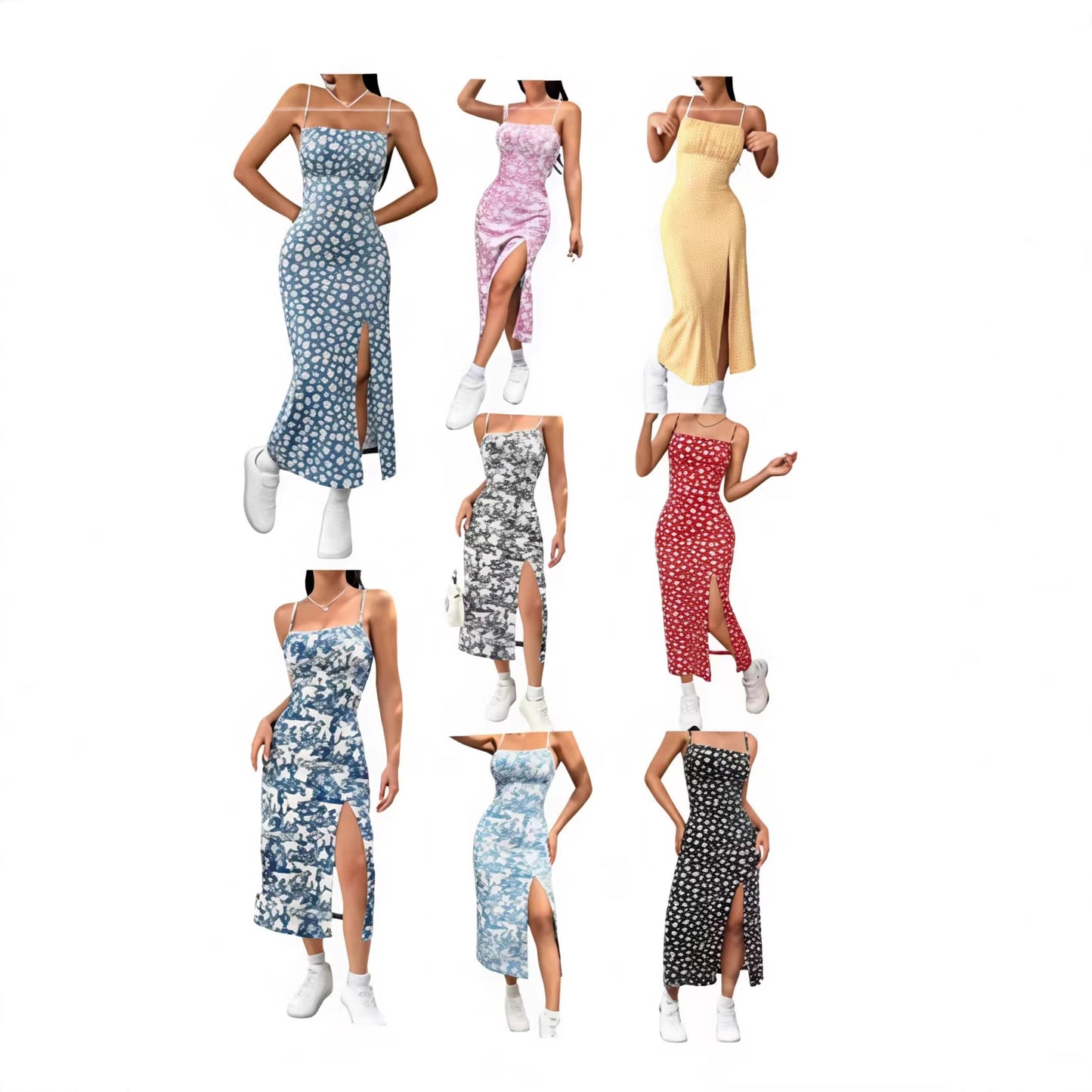 Women's Slit Daisy Blue White Porcelain Series Dress