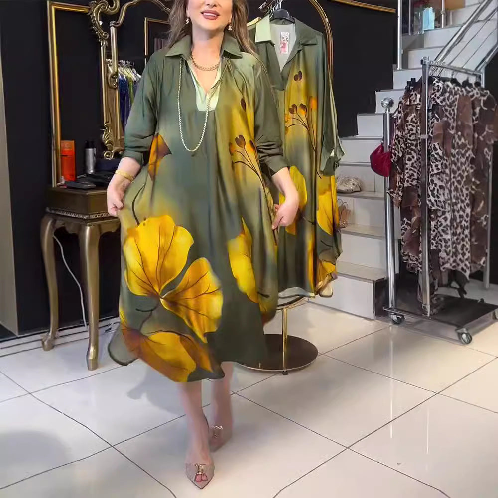 Women's Autumn Print Lapel Long Sleeve Loose Dress