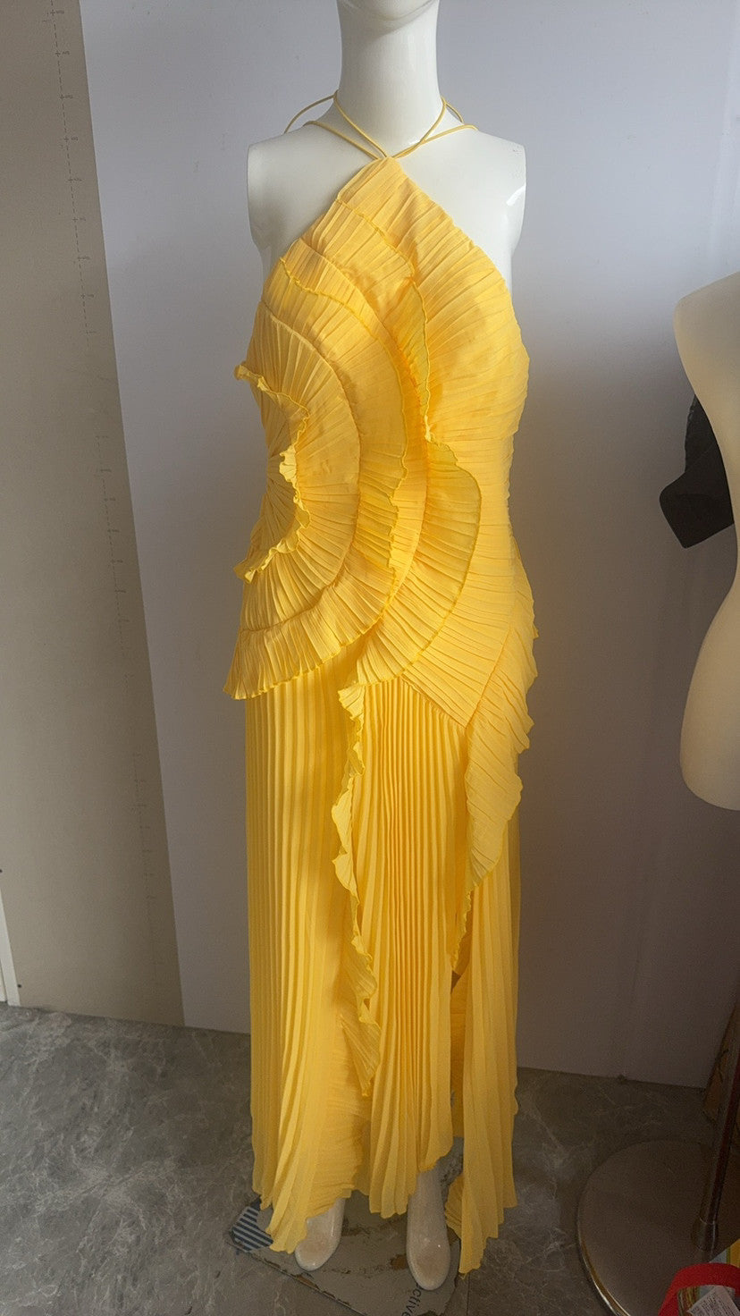 Women's Chiffon Ruffled Pleated Design Slimming Midi Fast Dress