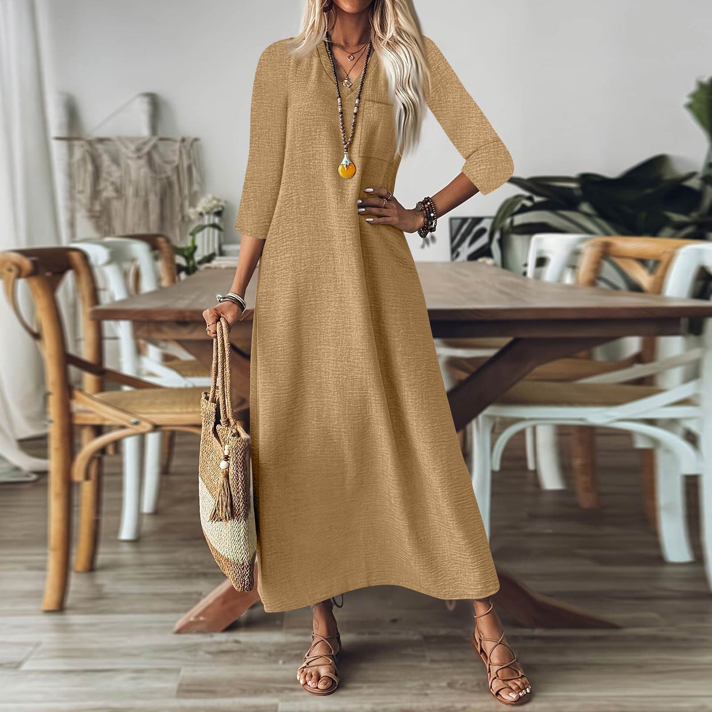 Zipper Sleeve Cotton Linen Solid Color Dress