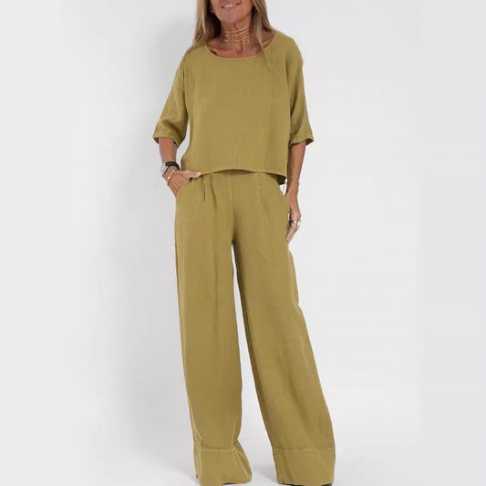 Women's Casual Loose Solid Color Sleeve Cotton Suits