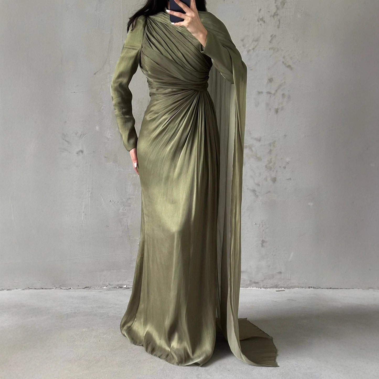 Women's Elegant Irregular Pleated Slim Green Dress Dresses