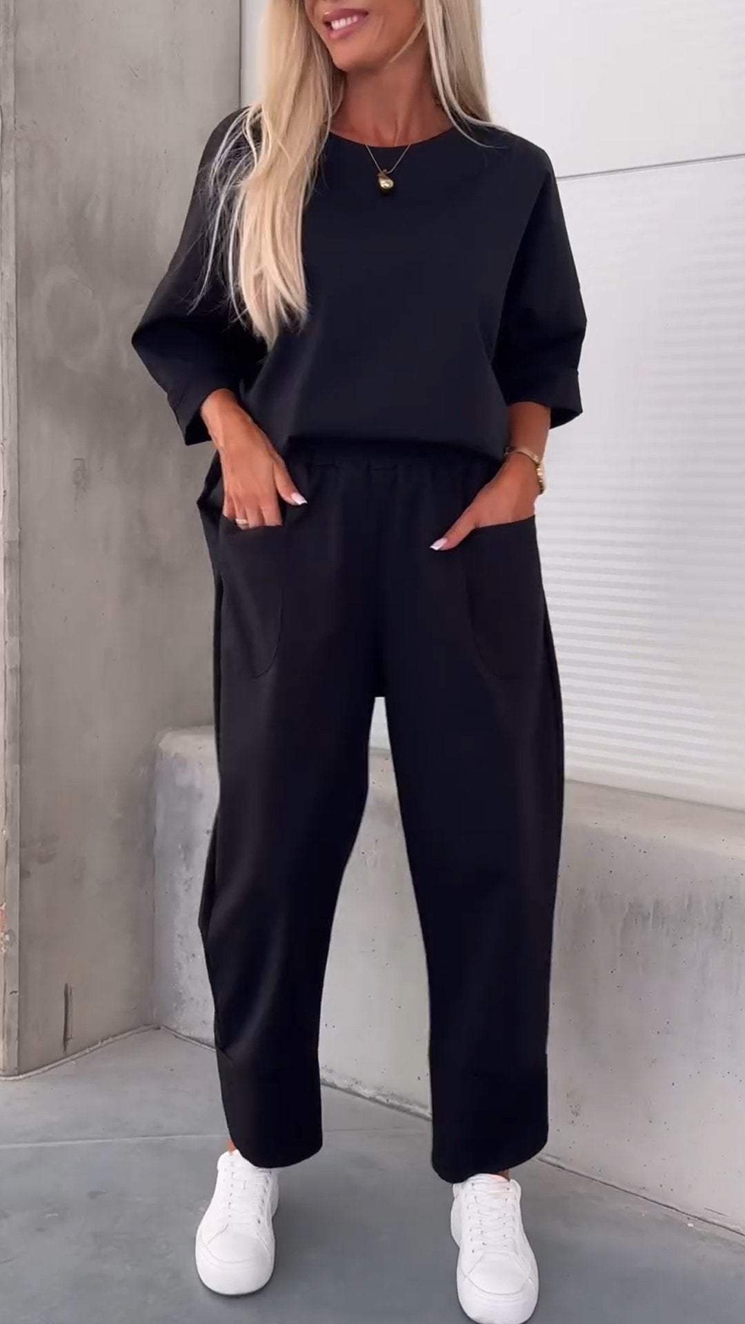 Women's Autumn Loose Two-piece Solid Color Round Neck Cropped Fashion Casual Suit