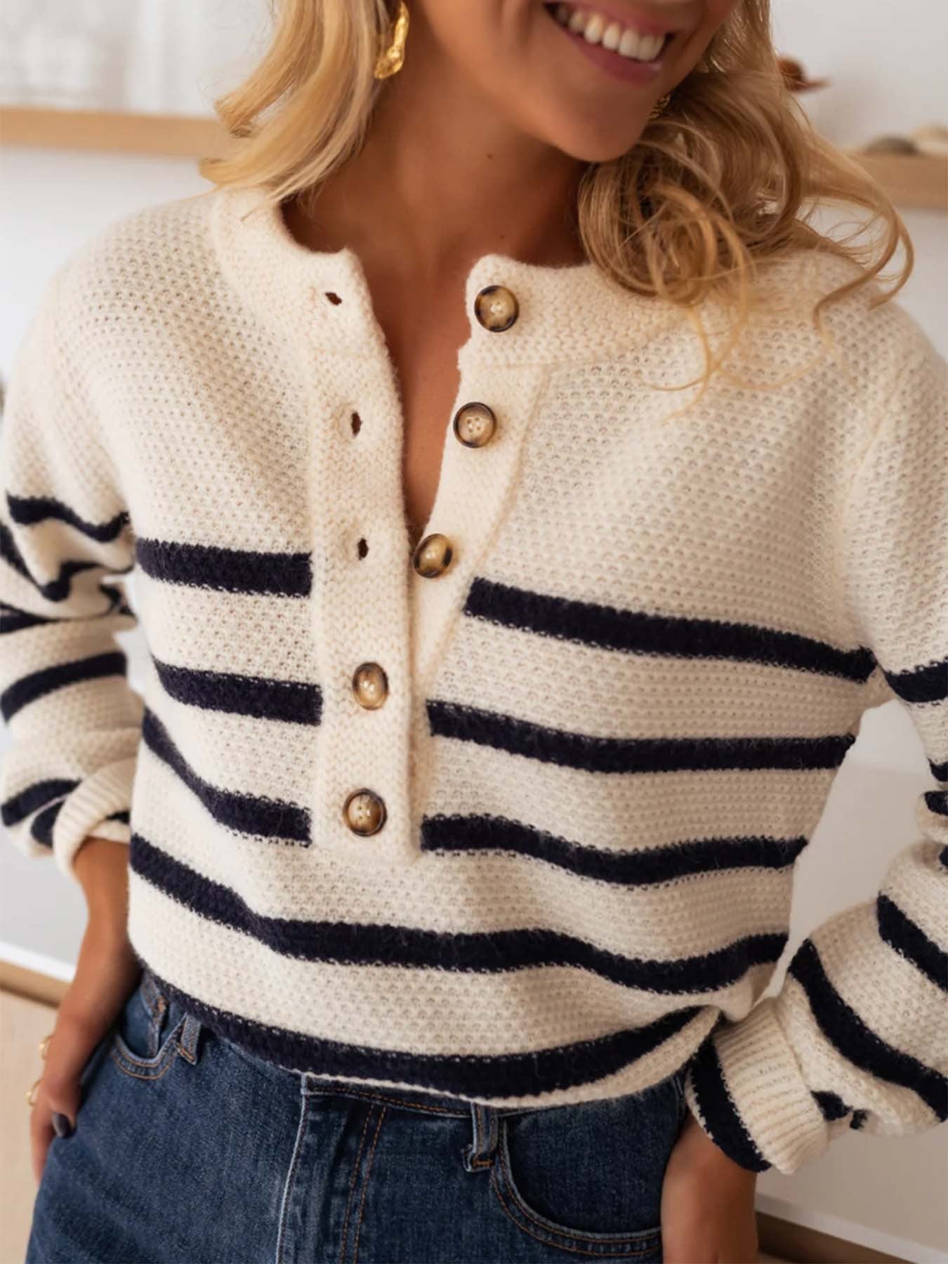 Women's Striped Pullover Fashion With Buttons Sweater