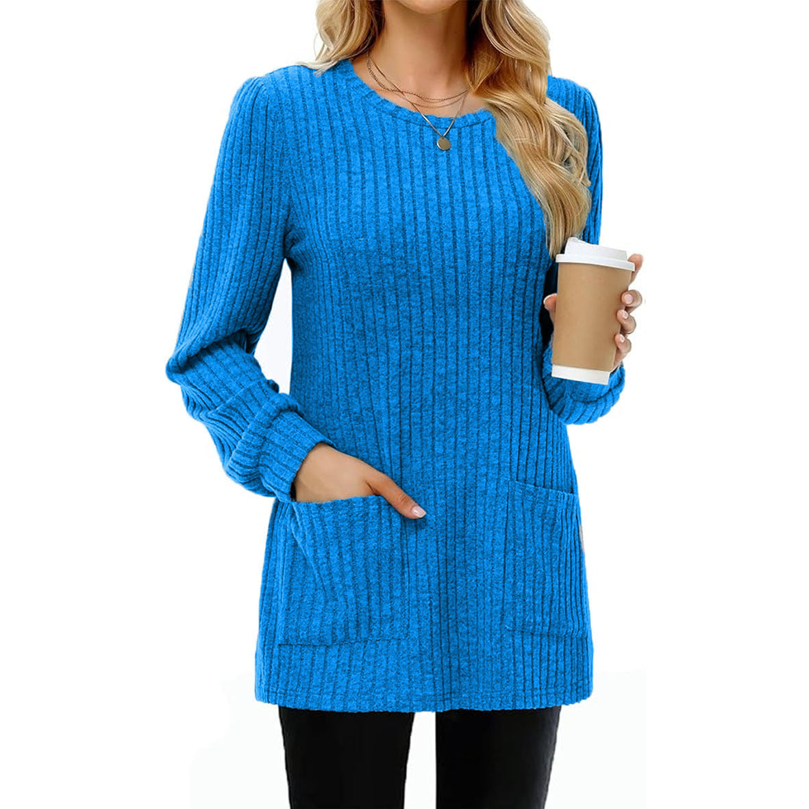 Mid-length Casual Round Neck Sunken Stripe Solid Sweaters
