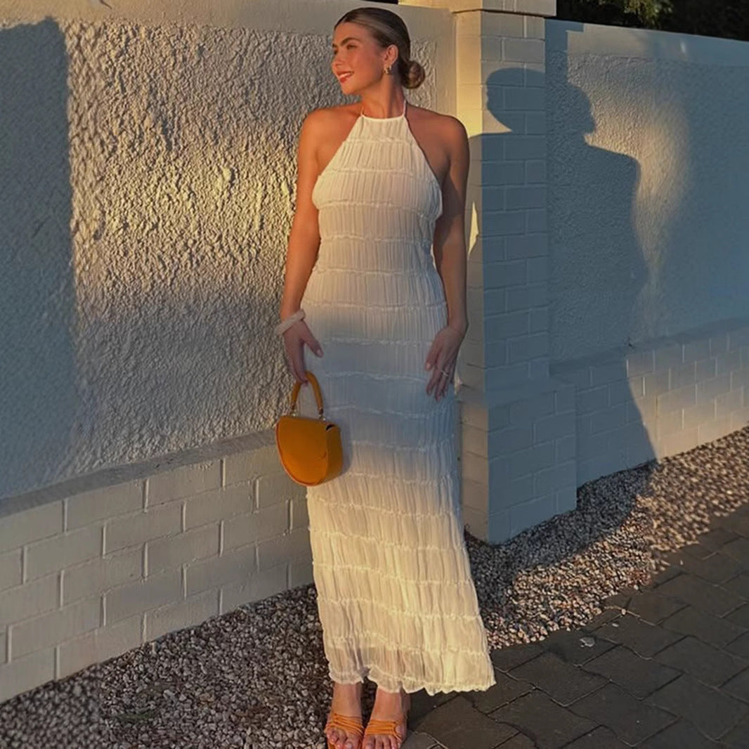 Women's Backless Pleated Stripe Fabric Special Dress Breathable Lace Up Dresses