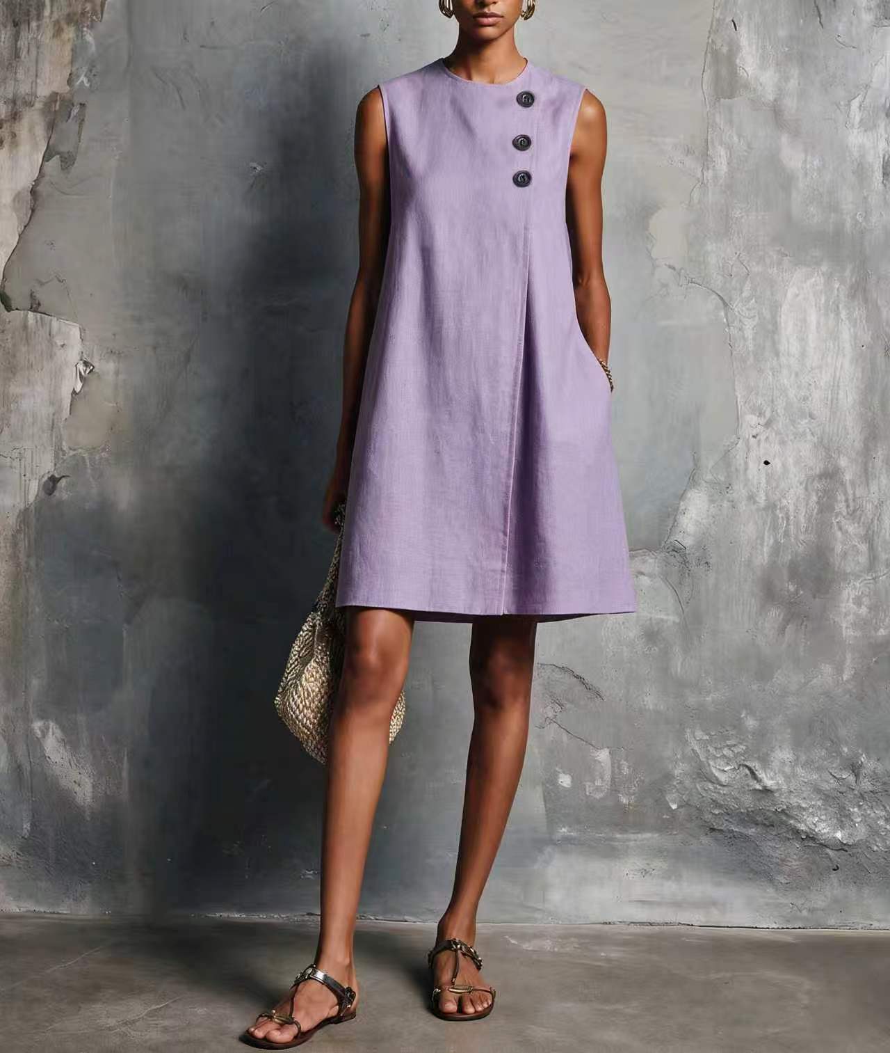 Women's Blended Round Neck Asymmetric Button Side Dress