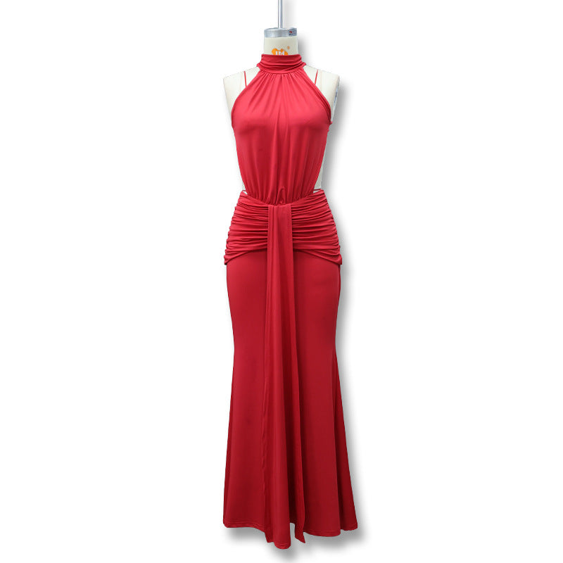 Women's Temperament Pure Color Banquet Long Sexy Backless Slim Fit Dress