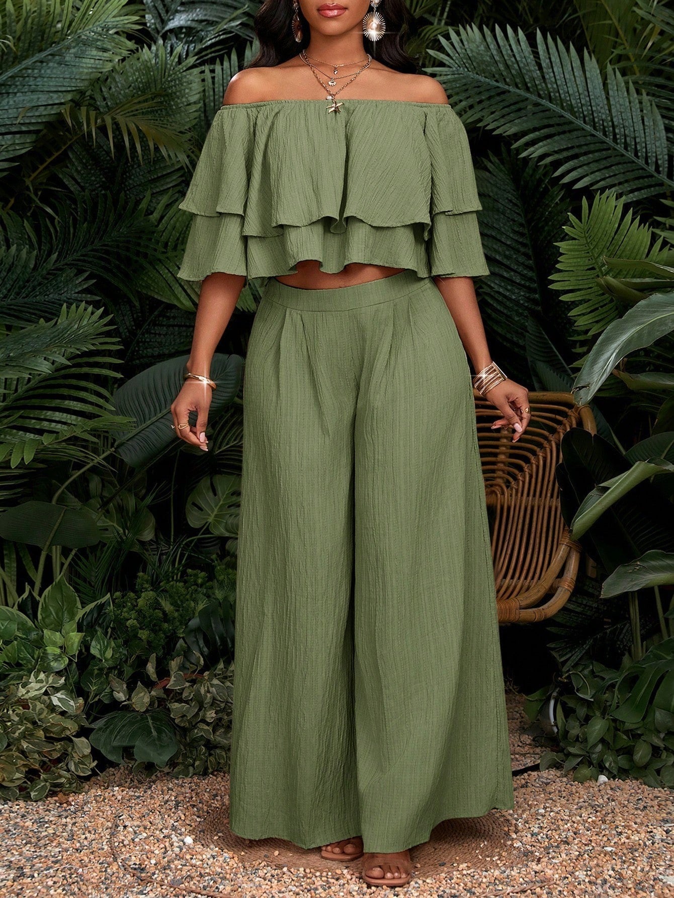 Ruffled High Waist Wide Leg Two-piece Fashion Casual Suit