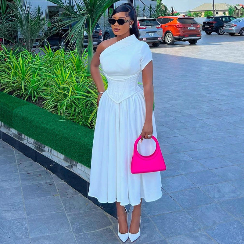 Women's Summer Diagonal Collar Sleeve Waist Seal Dresses