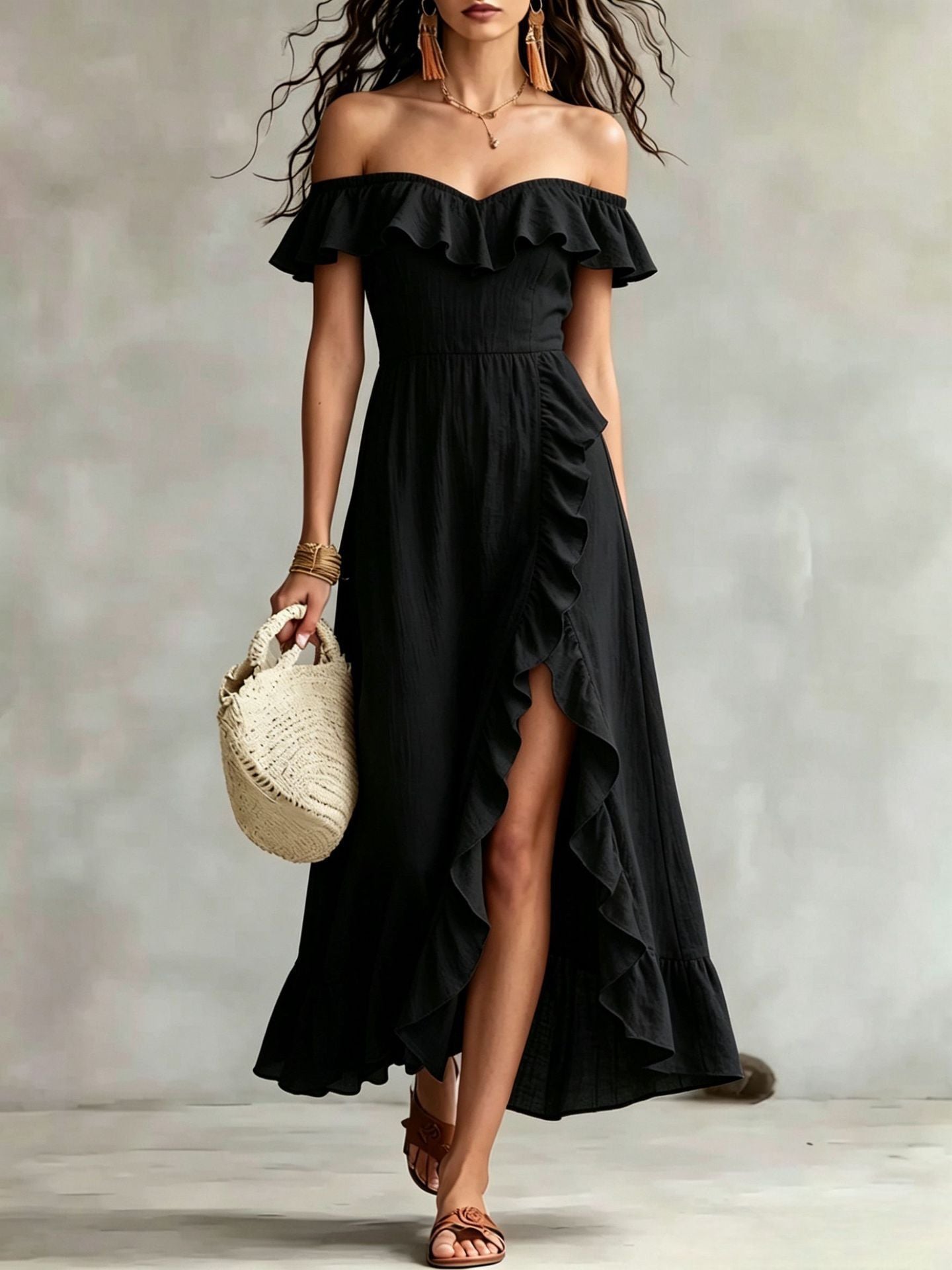 Women's Summer Collar Sleeveless Pink Ruffled Split Dress