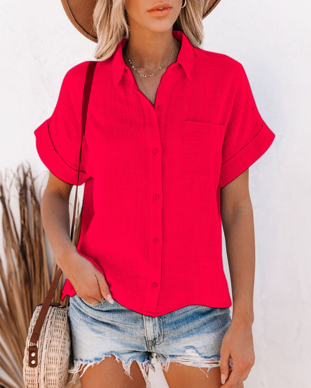 Women's Summer Cotton Linen Shirt Sleeve Lapel Blouses