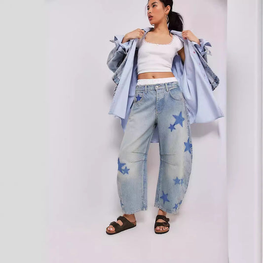 Women's Spring Leisure Loose Mid Waist Cylindrical Jeans