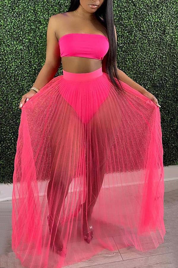 Women's Sexy Mesh Pleating Three-piece Dress Suits