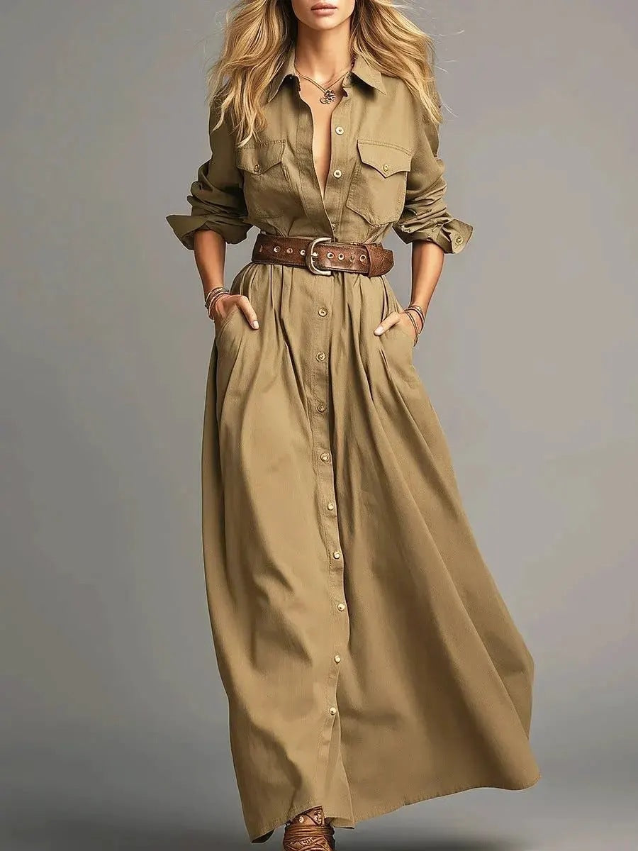 Women's Solid Color Elegant Long Shirt Button Dress