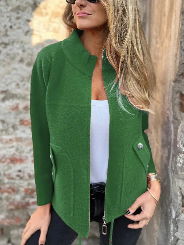 Women's Casual Zipper Woolen Tether Pocket Solid Coats