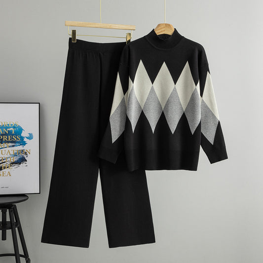 Women's Rhombus Mock Neck Idle Style Two-piece Fashion Casual Suit