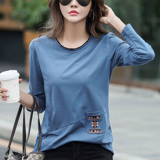 Women's Embroidered Pocket Long Sleeve T-shirt Autumn Stitching Blouses