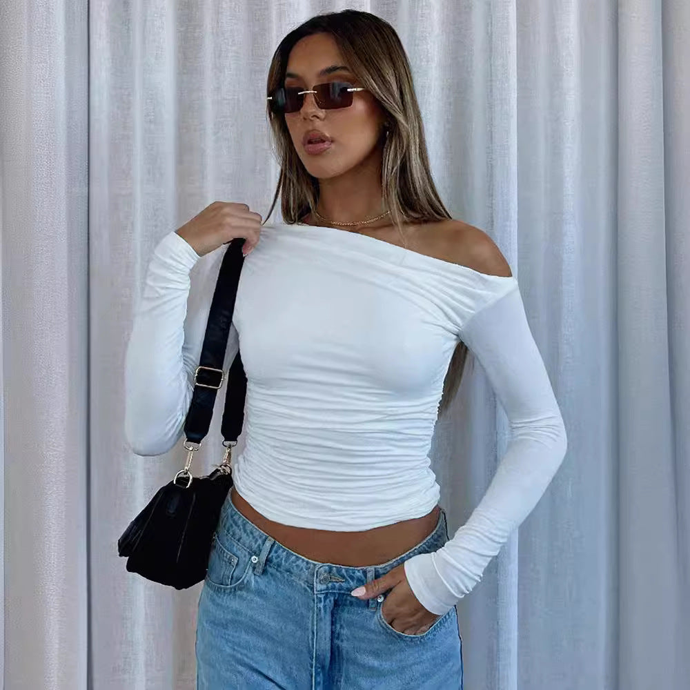 Women's Shoulder Asymmetric Solid Color Long Sleeve Tops