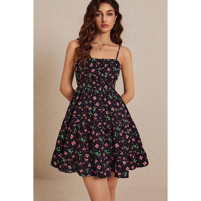 Unique Classy Elegant Floral Strap Smocking Dress