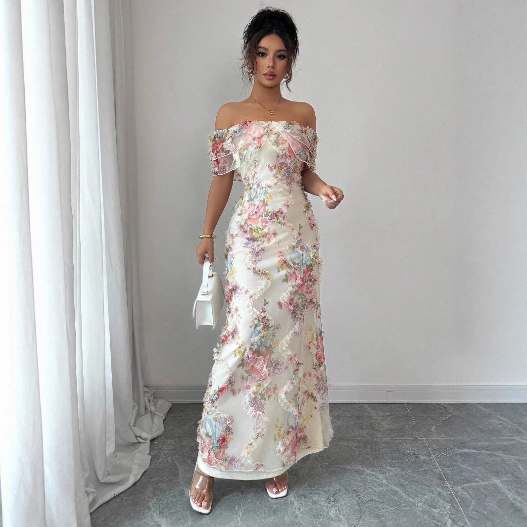 Women's Romantic Ruffled Cinched Mesh Floral Dress Dresses