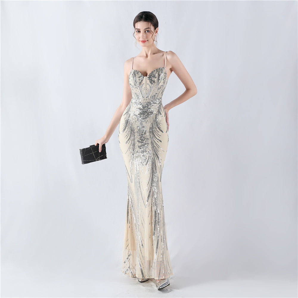 Shaping Waist Fishbone Sequined Positioning Flower Evening Dresses