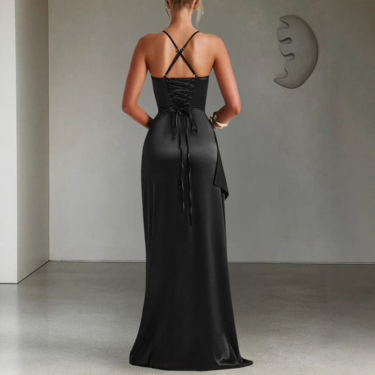 Women's Autumn Elegant Satin Dress Sleeveless Split Dresses