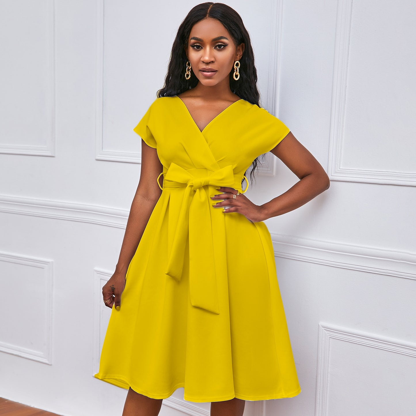 Color Waist Tight Bow Bandage Large Dress