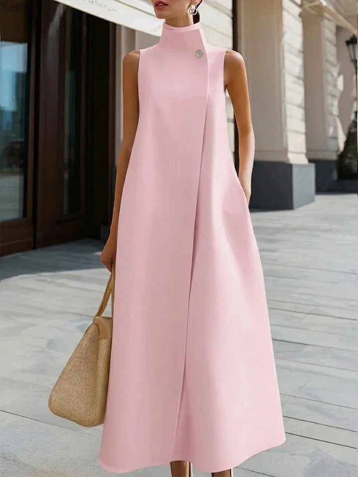 Elegant Commuter Stand Collar One Button Solid Color Dress