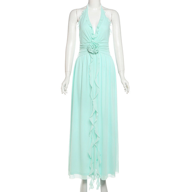 Women's Three-dimensional Flower Flexible Ruffled Design Halter Dresses