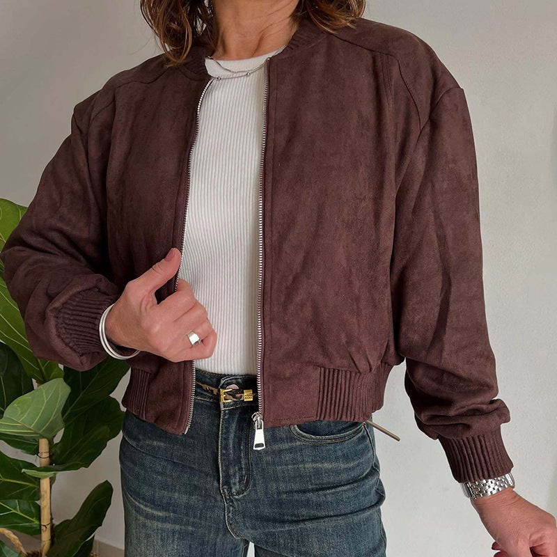Women's Fashionable Suede Solid Color Zipper Commuter Jackets