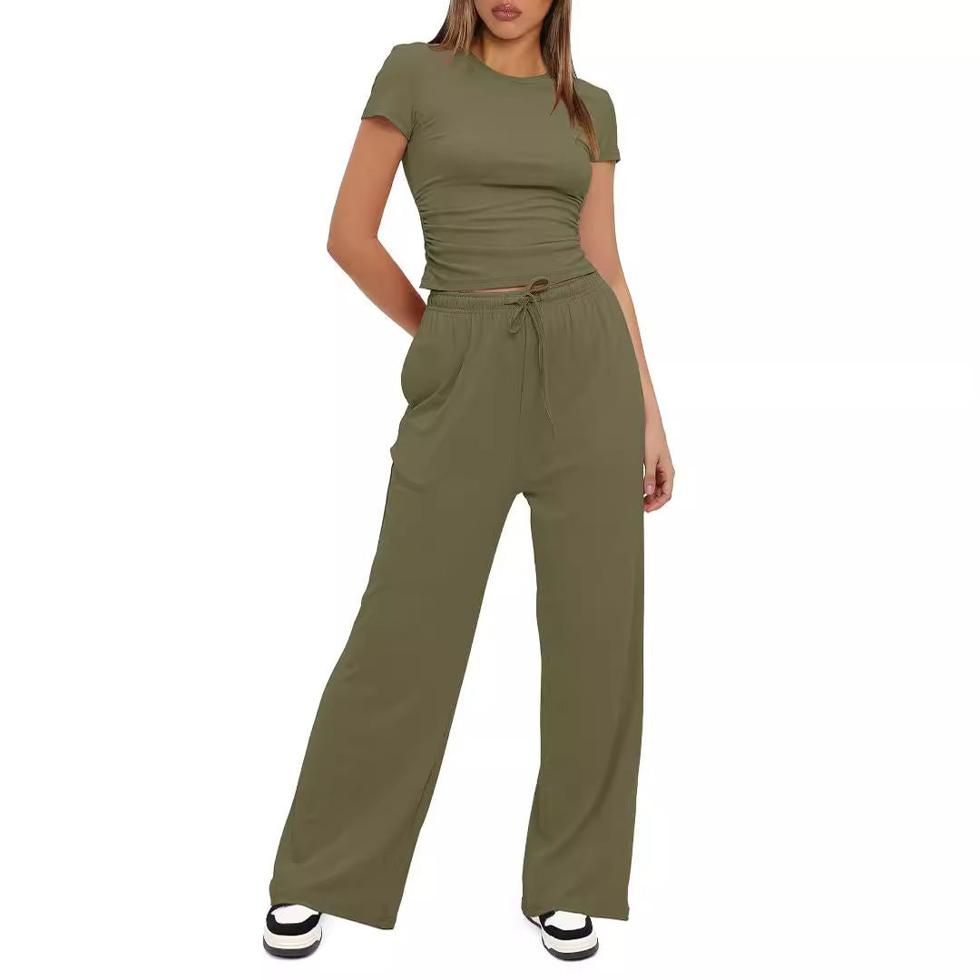 Color Pleated Sleeve High Waist Wide Tops