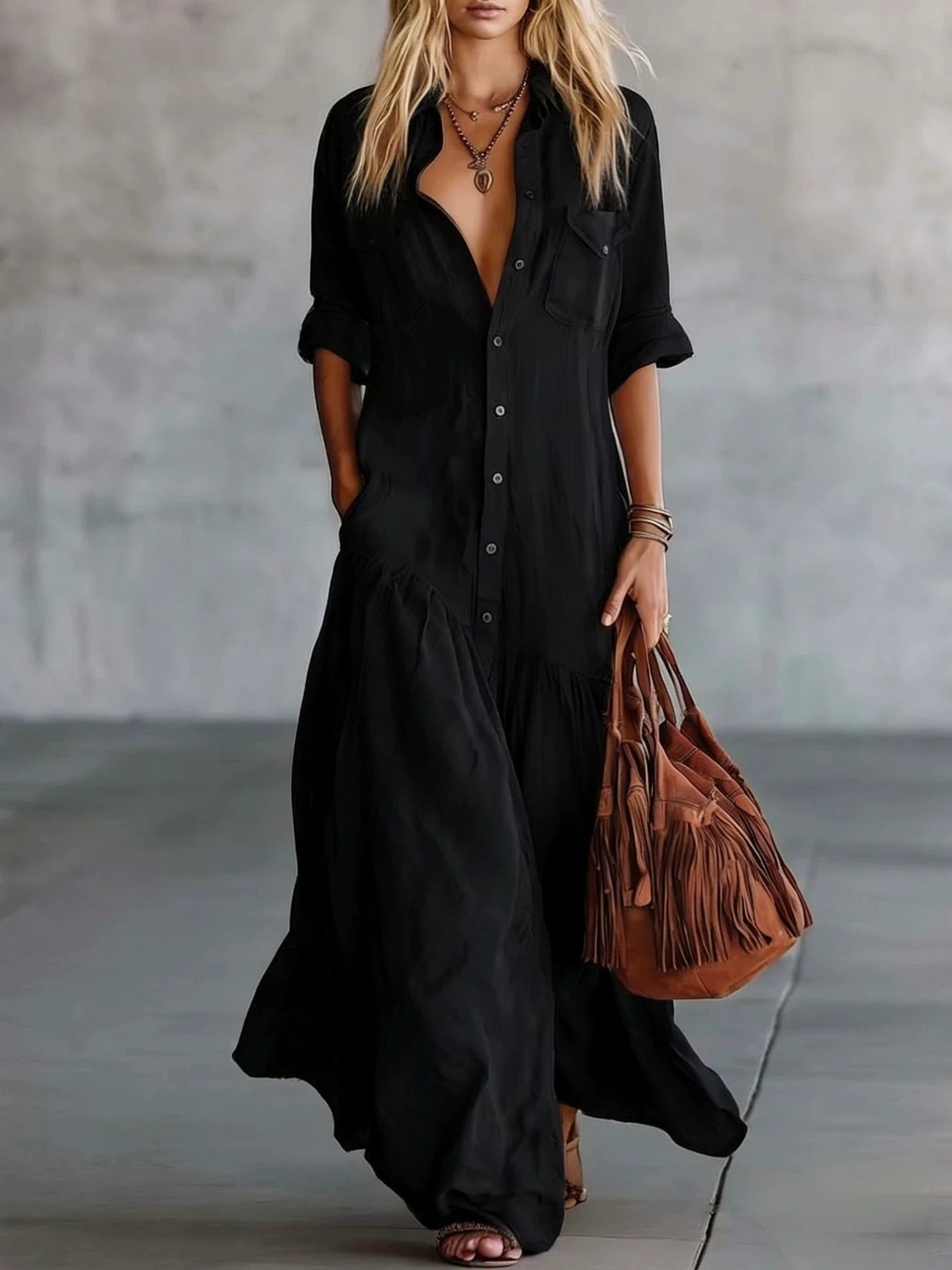 Women's Breasted Sleeve Casual Vacation Style Solid Color Dress