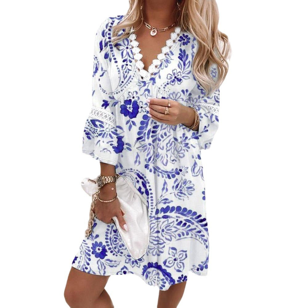 Spring Printed Lace Stitching Bohemian Casual Dresses