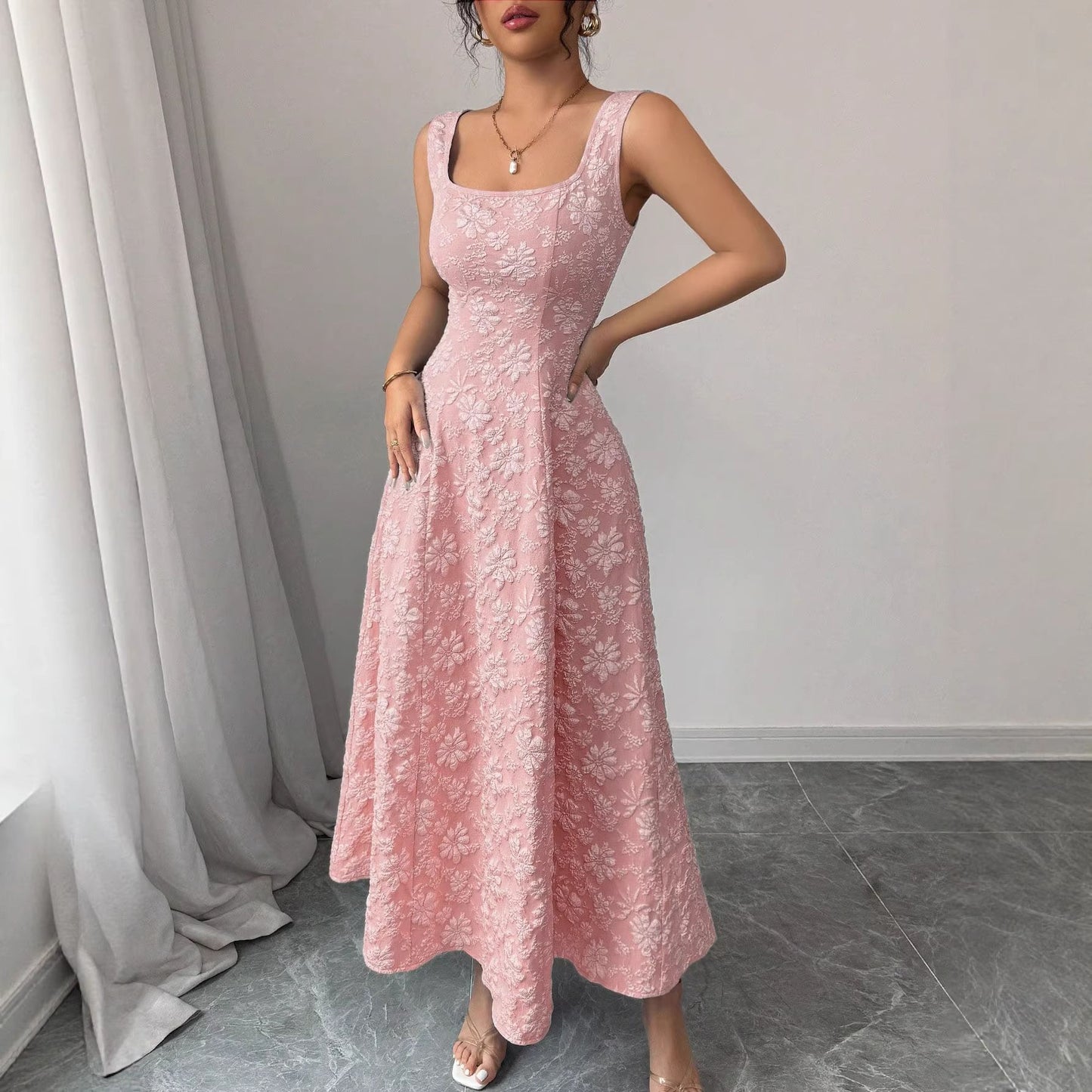 Summer Elegant Simple Jacquard Square Collar Clothing