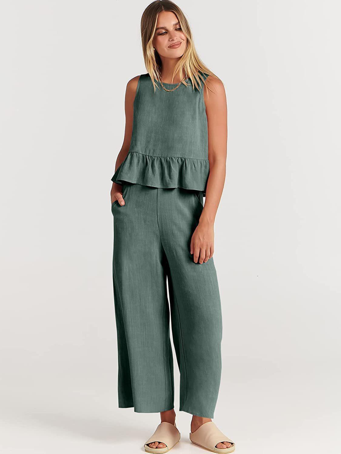 Women's Summer Sleeveless Pleated Wide Leg Cropped Pants