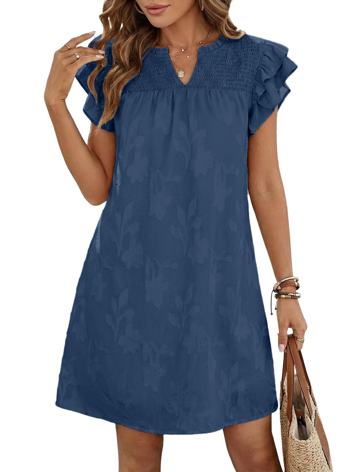 Women's Summer Double Ruffled Sleeves Pleating Floral Dress