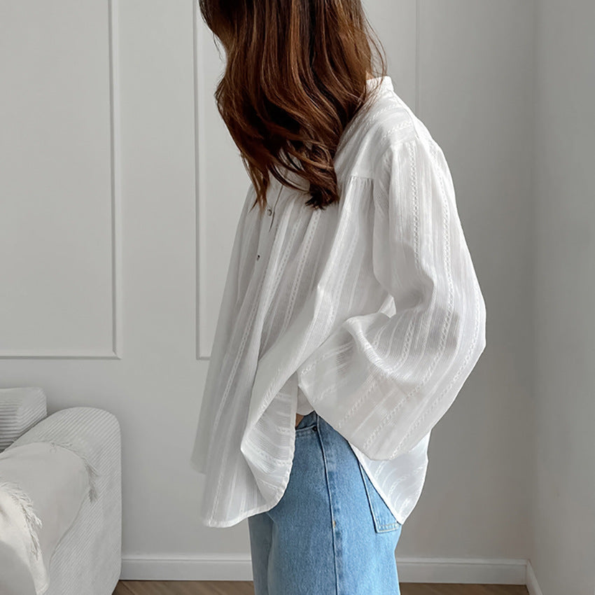 Women's Cotton Jacquard Stand Collar Shirt Loose Blouses