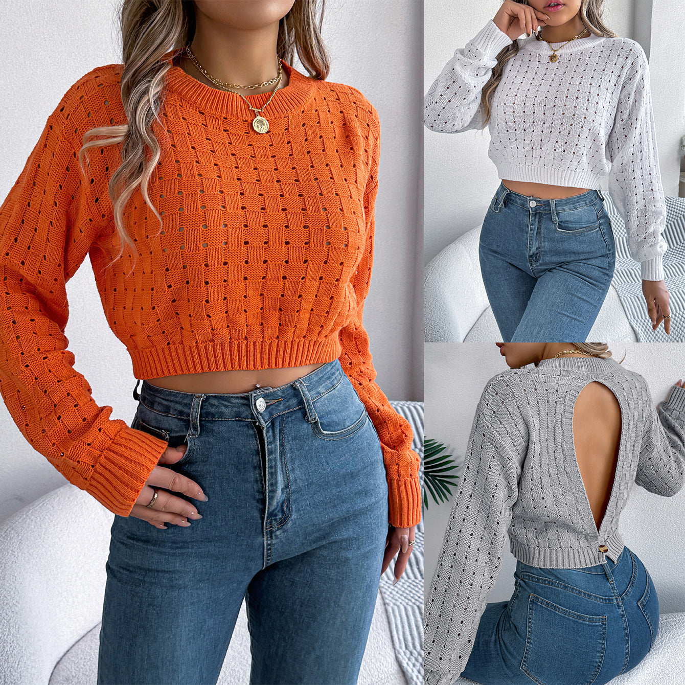 Women's Sexy Backless Button Long Sleeve Pullover Sweater