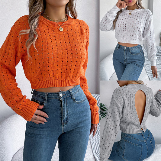Women's Sexy Backless Button Long Sleeve Pullover Sweater
