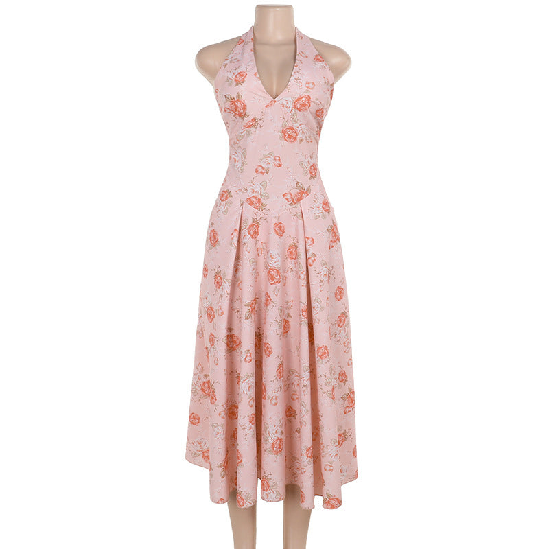 Women's Floral Print Halter A- Line Dress French Dresses