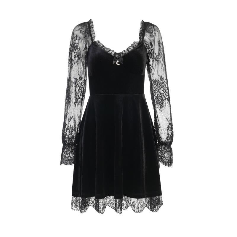 Women's Dark Lace Stitching Long Sleeve Ruffled Dresses