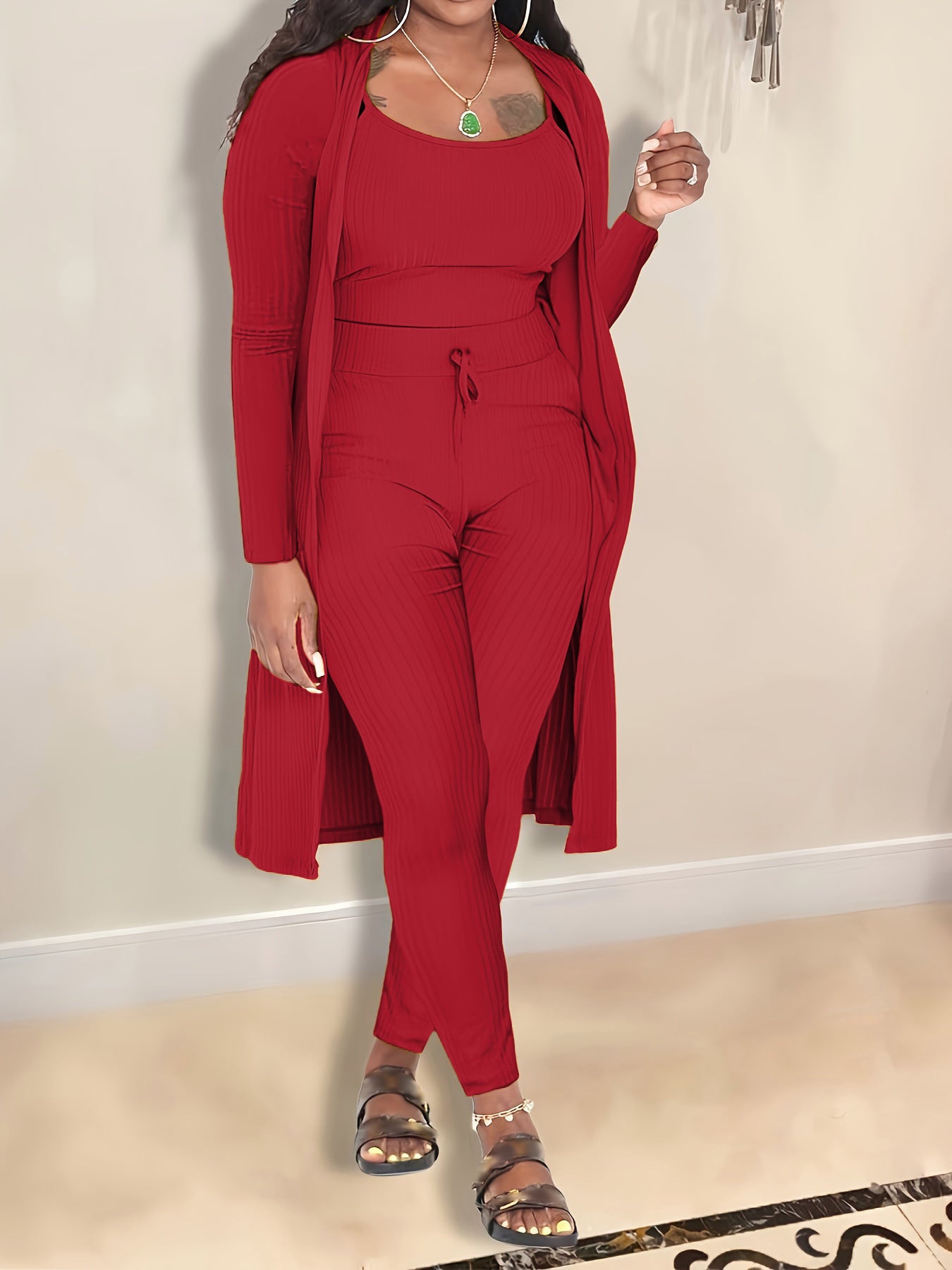 Women's Sunken Stripe Solid Color Three-piece Clothing