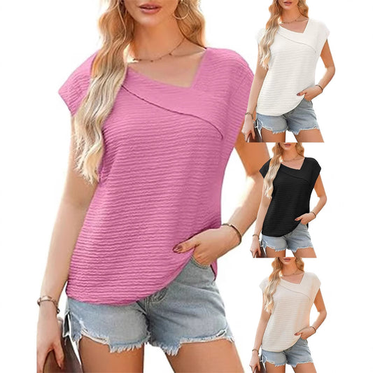 Women's Diagonal Collar Fashion Casual Short-sleeved T-shirt Blouses