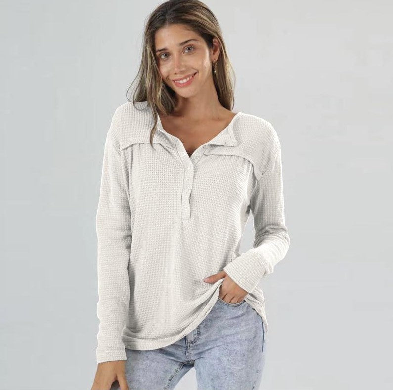 Women's Waffle Autumn Loose Button Long Sleeve Tops