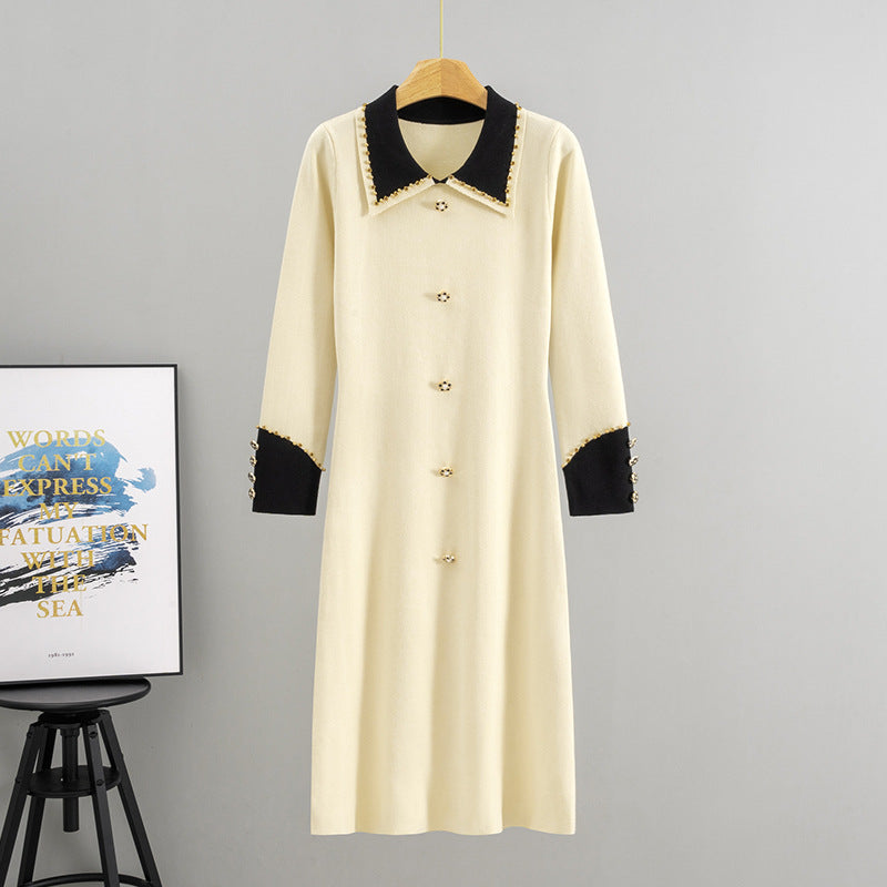 Women's Style Black With Diamond Hepburn Waist Slimming For Long Sleeve Dress